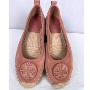Tory Burch Espadrille Ballet Flats Pink Suede Logo Slip On Shoes Women's 8M